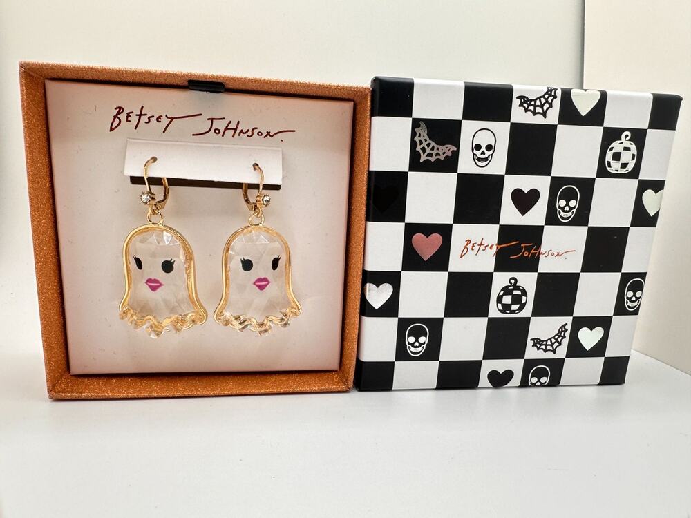 Betsey Johnson Crystal Ghost Drop Earrings In Gift Box - Halloween-Themed Jewelr